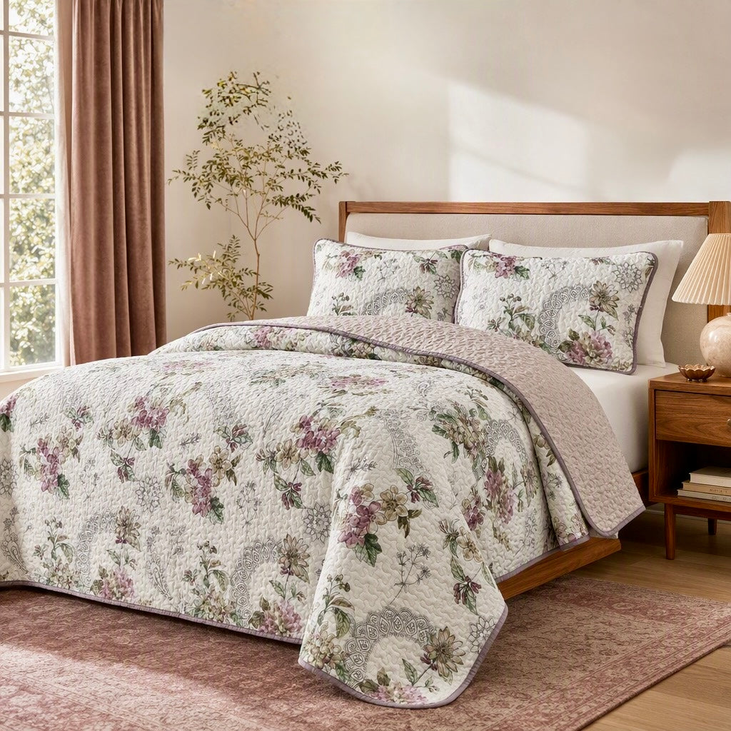 NEW Anthropologie Vintage Floral Reversible Quilt Bedspread Bedding & Sham Set