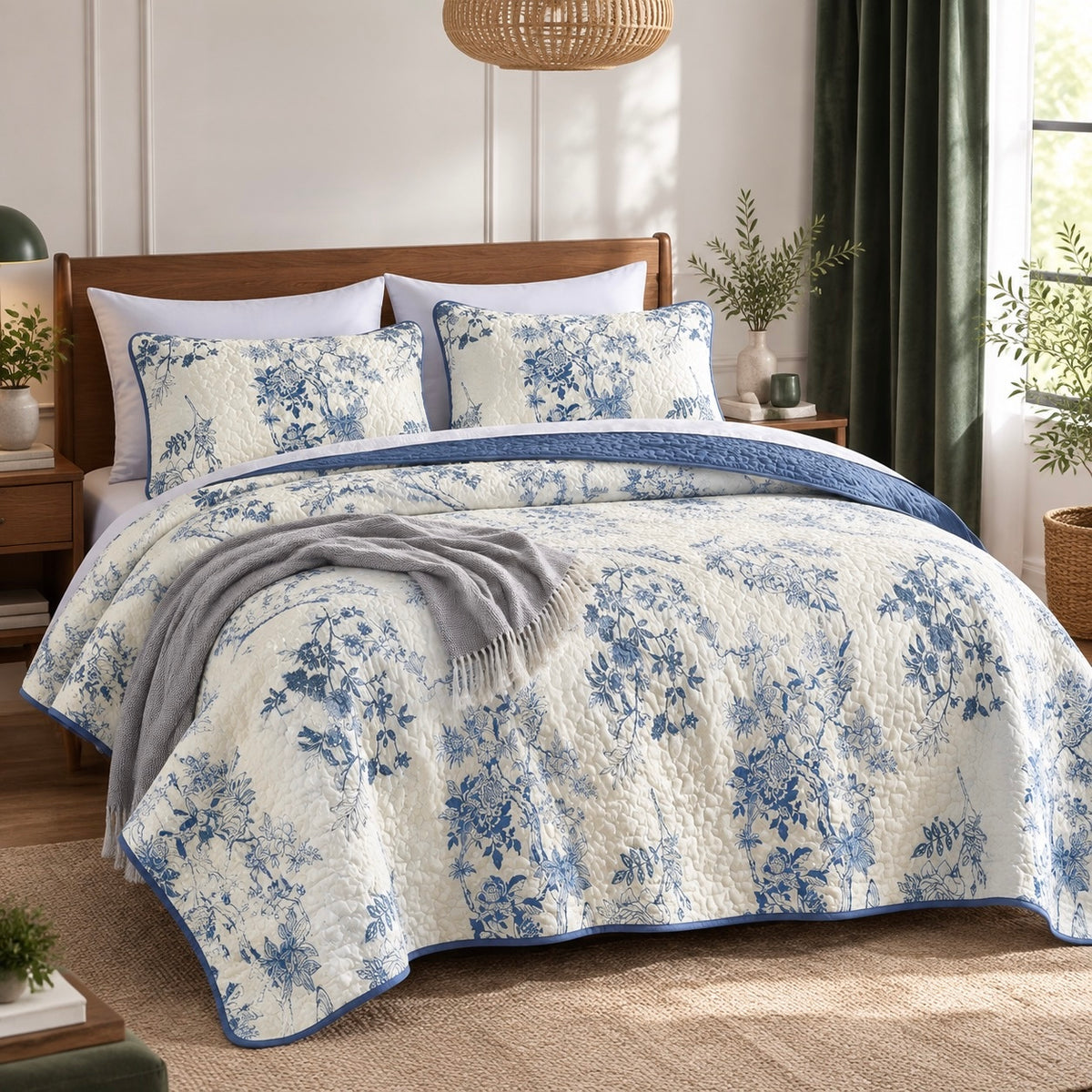 NEW Anthropologie Blue & White Vintage Floral Quilt Coverlet Bedding Sham & Set