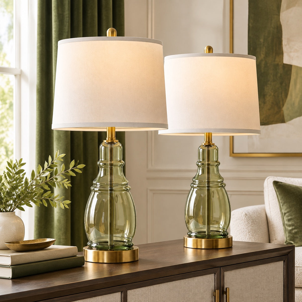 NEW Anthropologie Set of 2 Sage Green Glass Gold Boho Table Lamps Lighting - 22"
