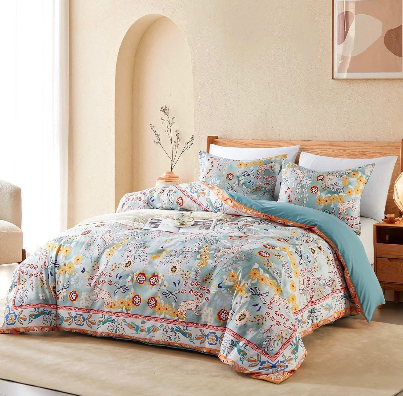 NEW Anthro Blue Jungle Multicolor Boho Queen / King Bedding Duvet & Sham Case