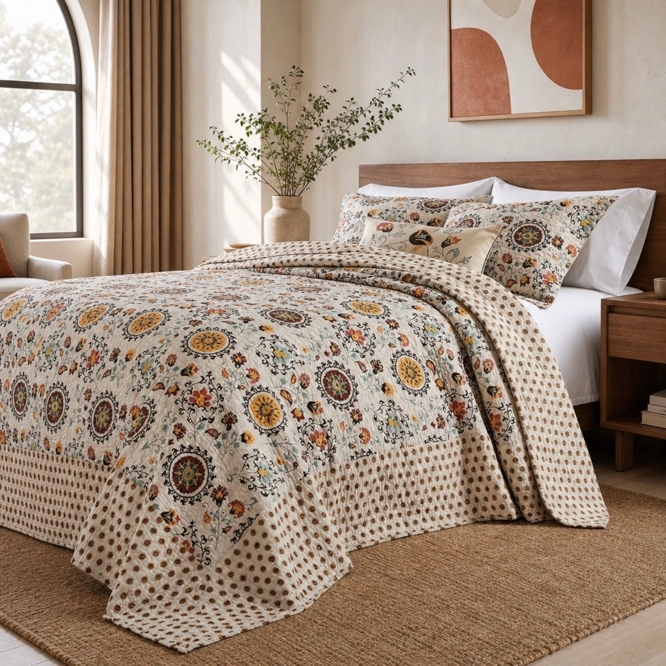 NEW Anthropologie Multicolor Retro Boho King Quilt Bedspread Bedding Sham Set