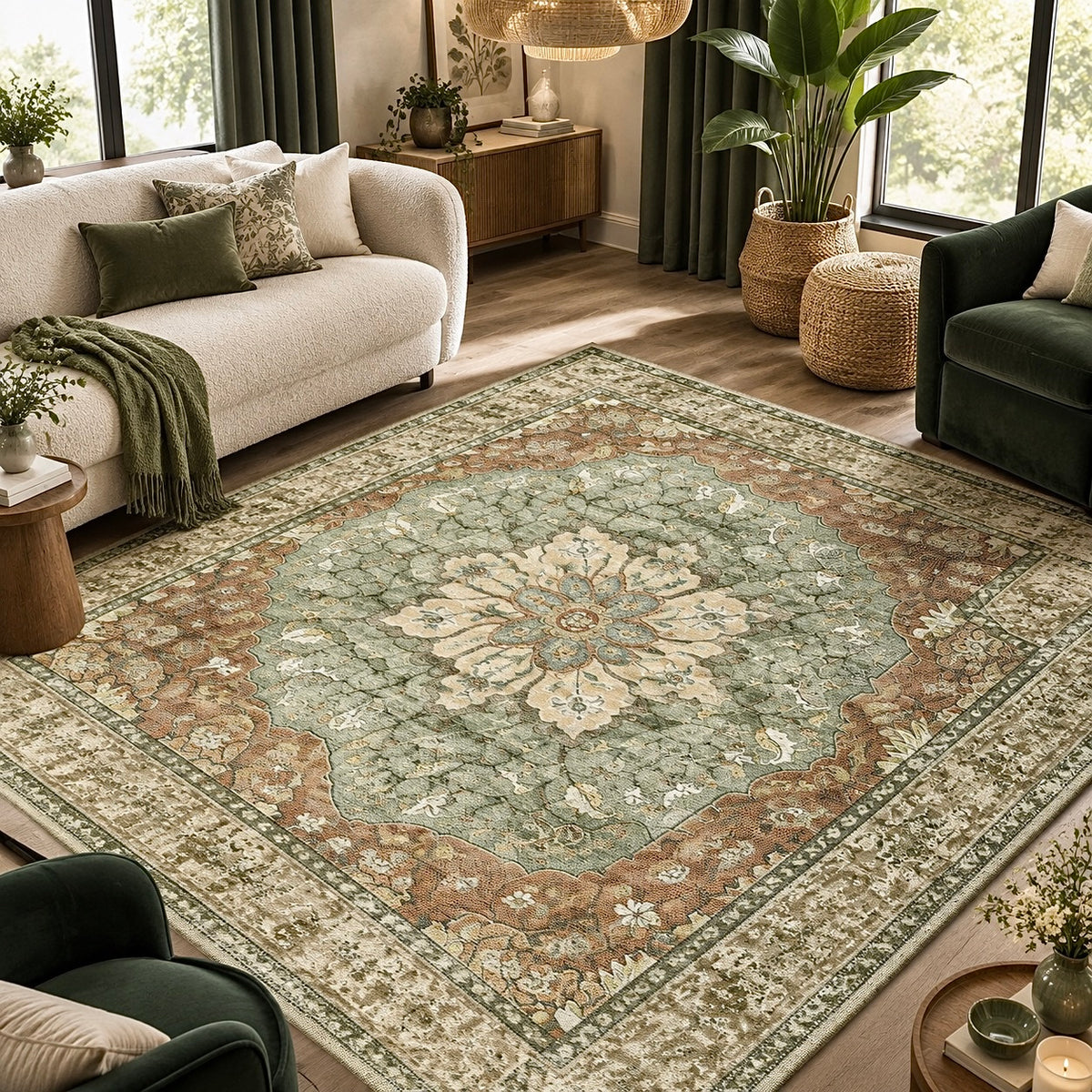 NEW West Elm Green Moroccan Boho Floral Washable Area Rug Carpet - 5' x 7'