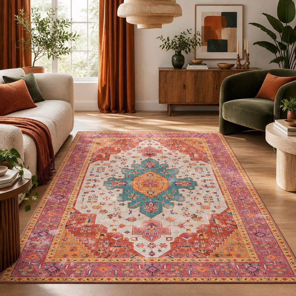 NEW Anthropologie Pink & Teal Moroccan Boho Washable Area Rug Carpet - 5' x 7'