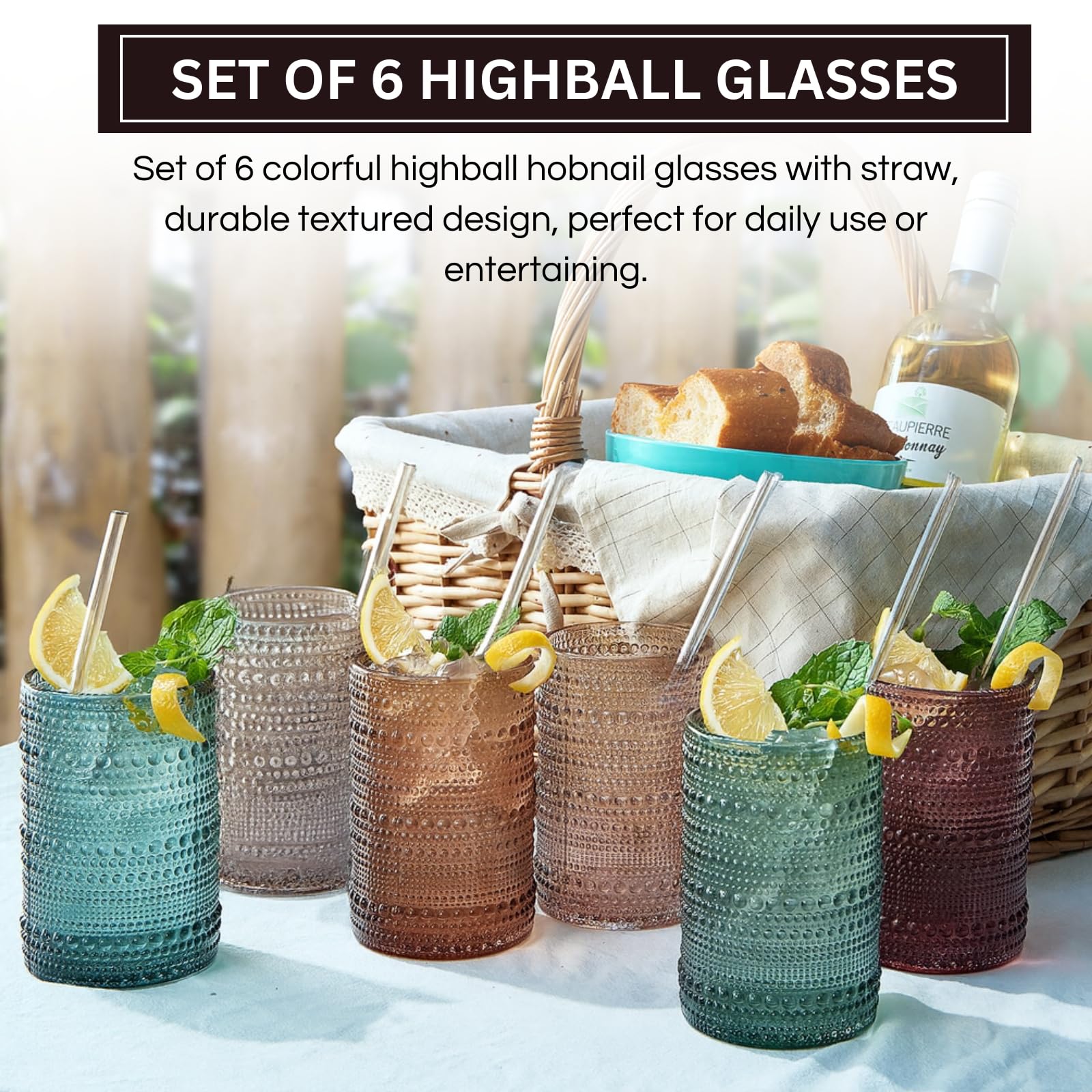 Khen Hobnail Drinking Glasses with Straws | Muted Colors | Set of 6