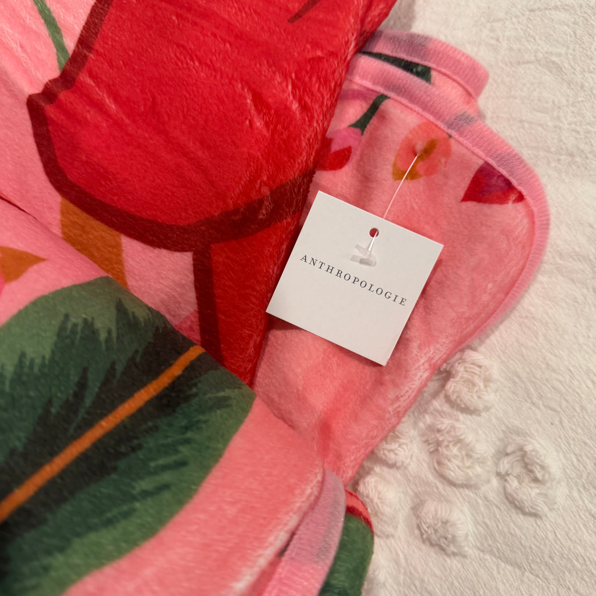 NEW Anthropologie XL Queen Boho Red Floral Fleece Throw Blanket Bedspread 90x90