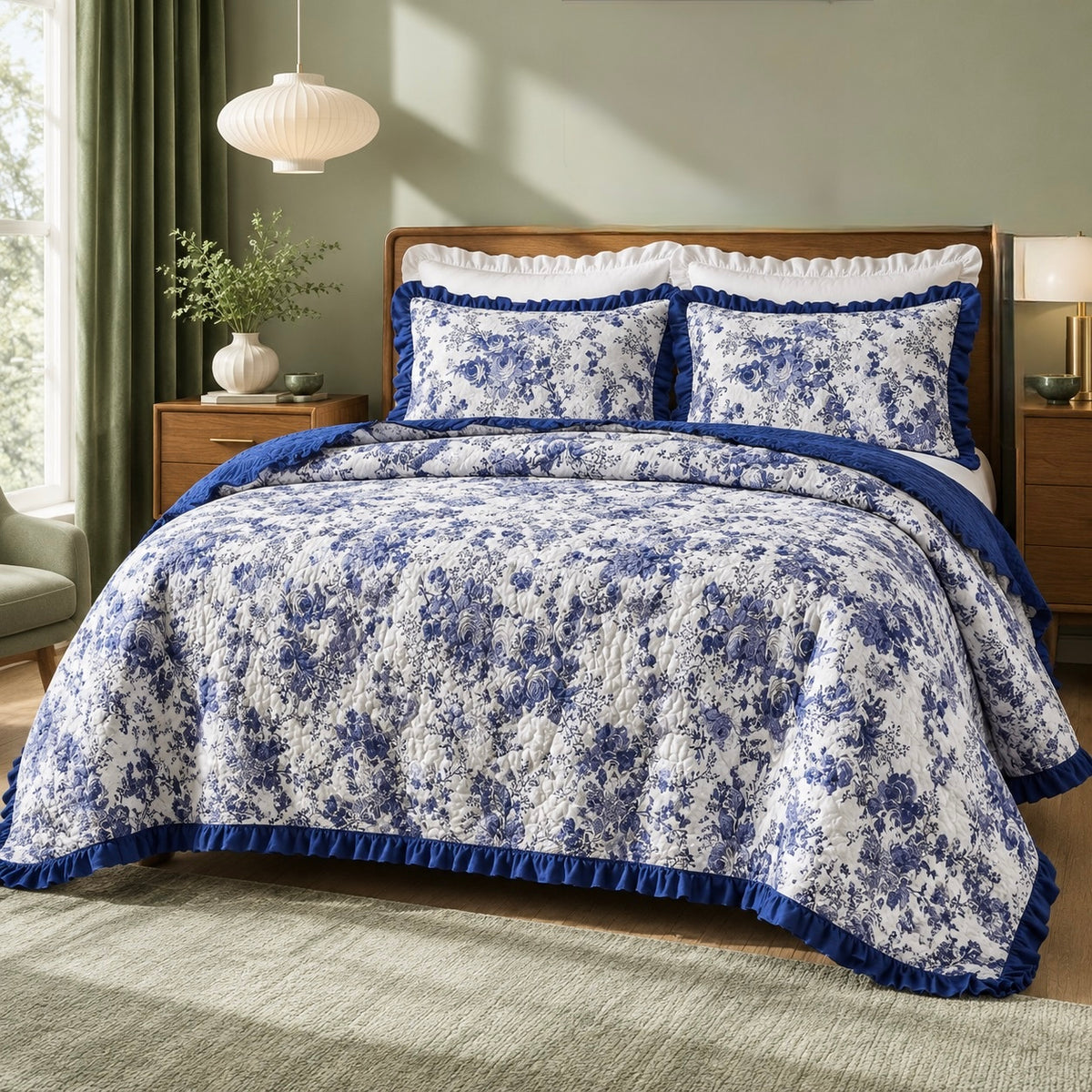 NEW Anthropologie Blue White Floral Ruffle Trim Quilt Coverlet Bedding Sham Set