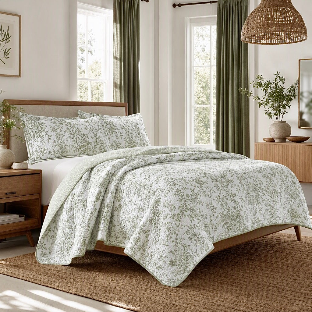 NEW West Elm Green White Floral Vintage Cotton Queen King Bedding Quilt Sham Set