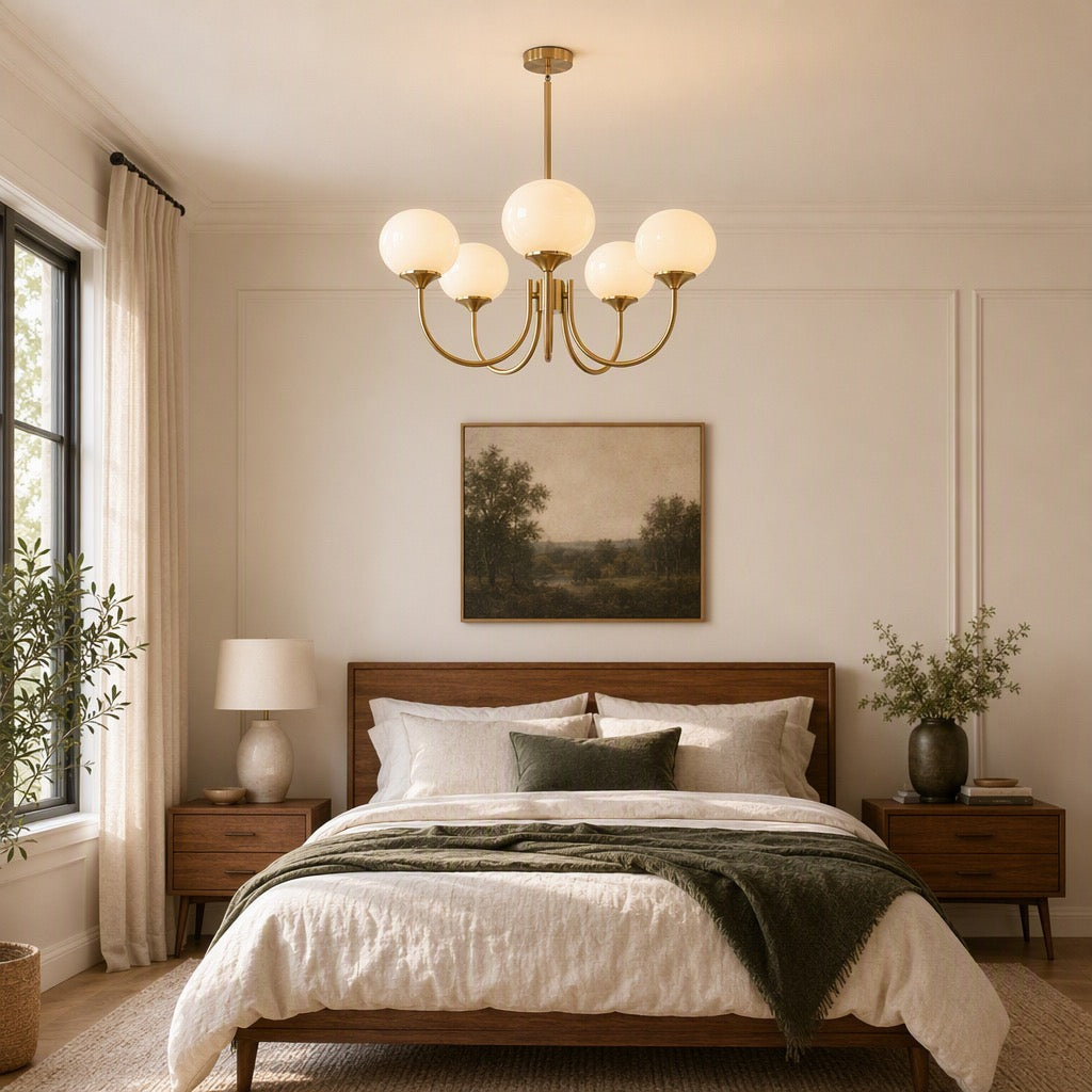 NEW Anthropologie 5-Light Gold White Chandelier Retro Boho Light Ceiling Fixture