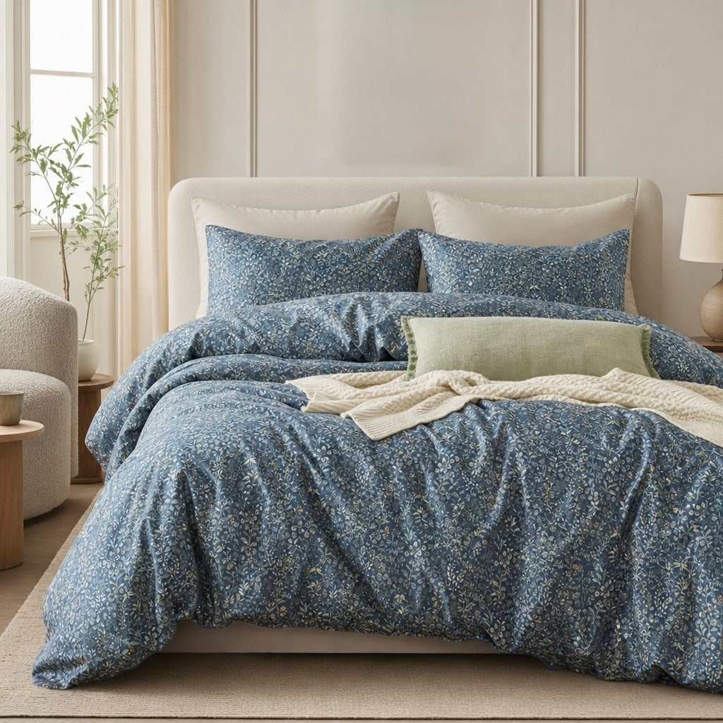 NEW Anthropologie Blue Floral Cotton Boho King / Queen Bedding Duvet & Sham Set