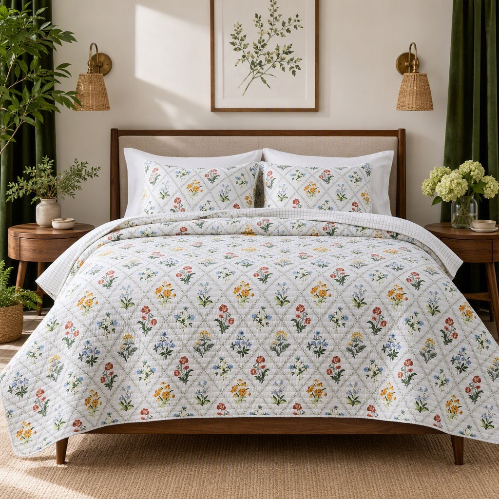 NEW Anthropologie Multicolor Floral Reversible Quilt Bedspread Bedding Sham Set