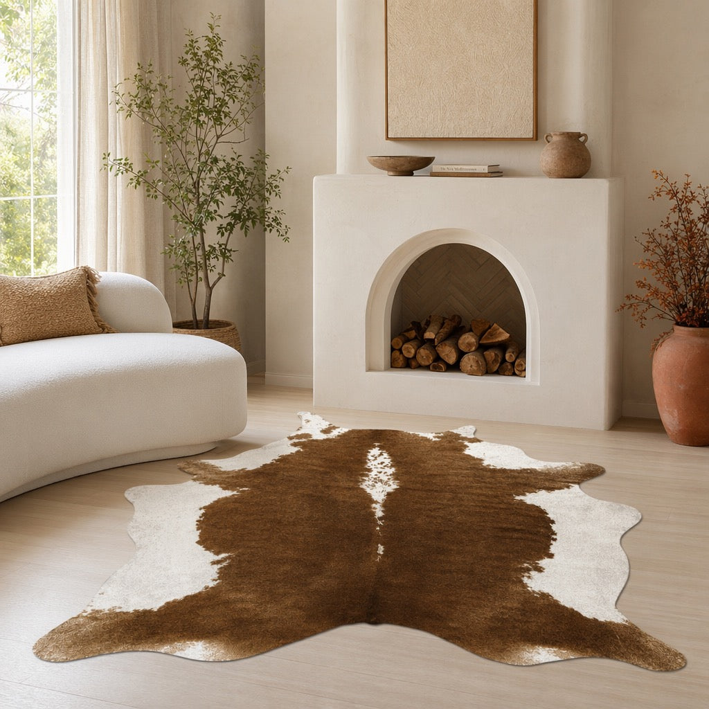 NEW West Elm XL Faux Cowhide Fur Leather White Area Rug Boho Floor - 6’ x 5’