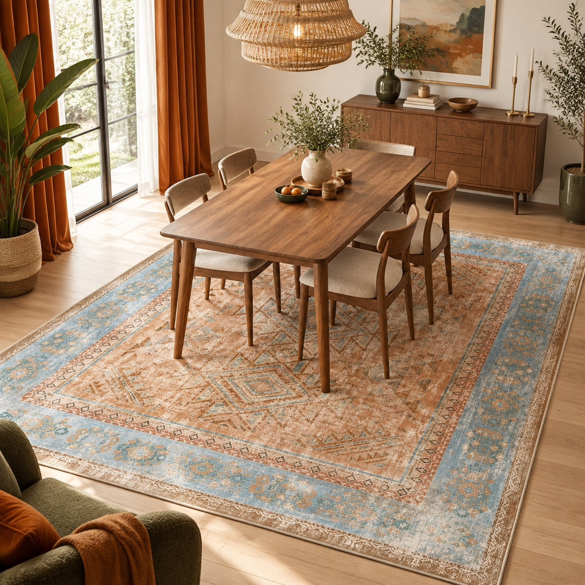 NEW Anthropologie Blue & Orange Moroccan Boho Washable Area Rug Carpet 8' x 10'
