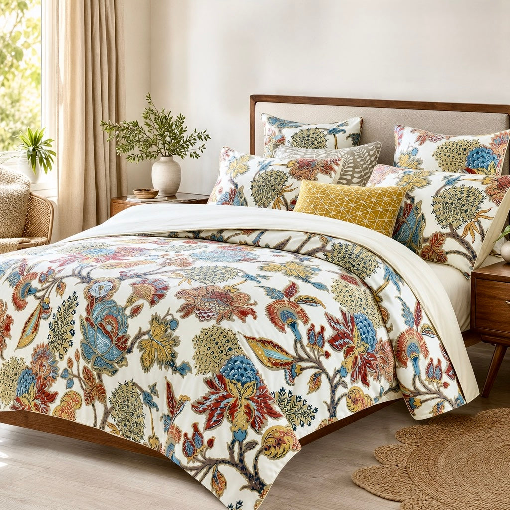 NEW Anthropologie Cream Red Cotton Queen / King Floral Bedding Duvet & Sham Set