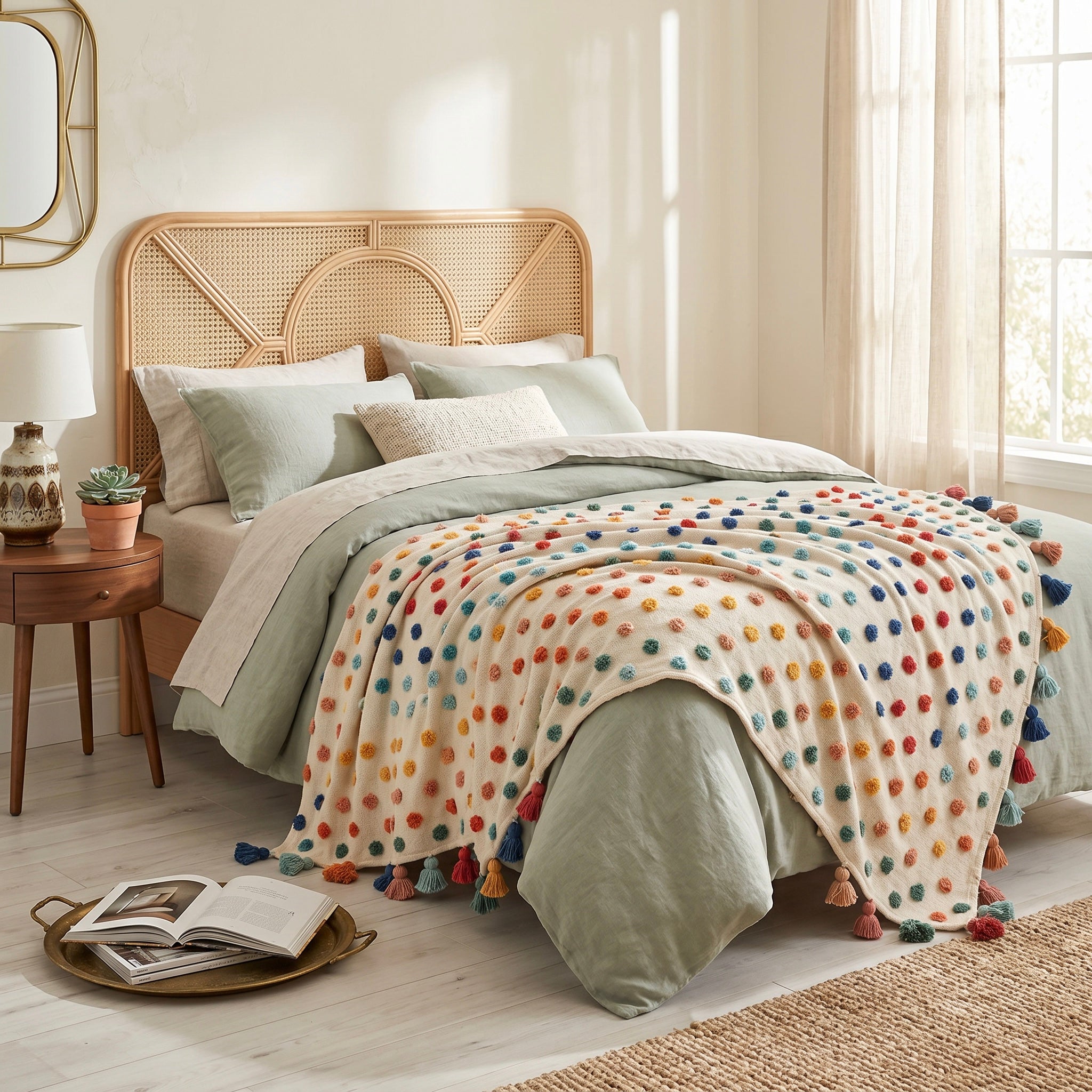 New Anthropologie Boho Tassel Pom Pom Colorful Throw Blanket Bedding - 50" x 60"