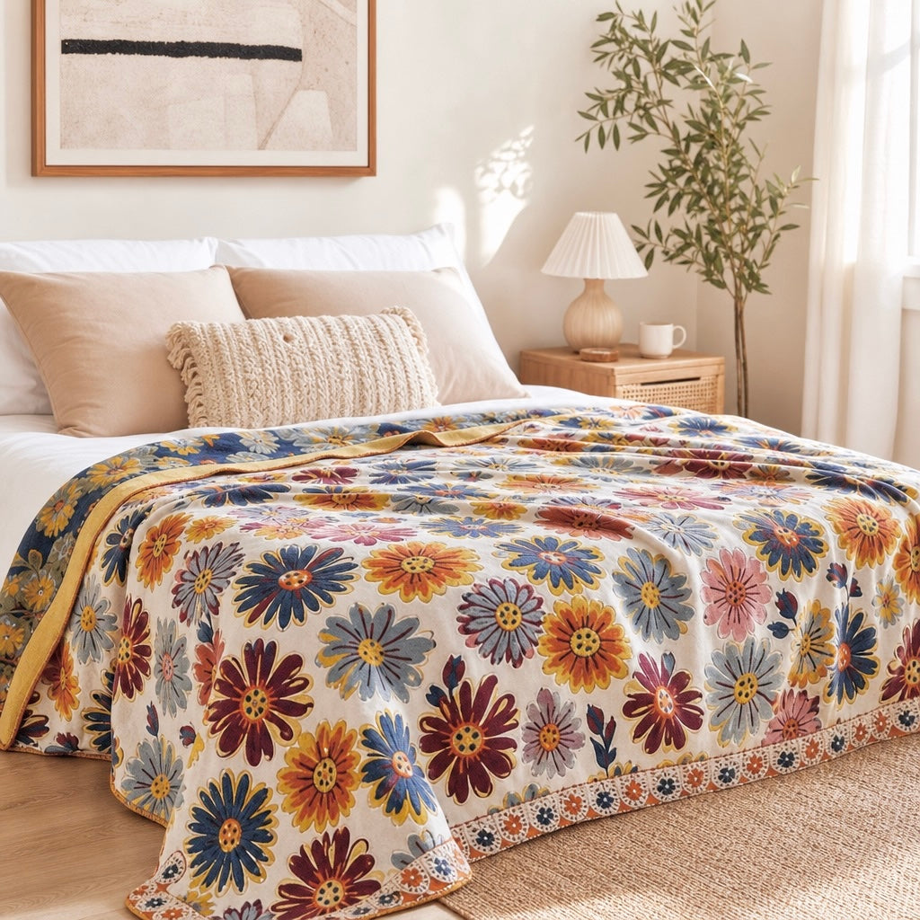 NEW Anthropologie XL Boho Floral Reversible Blanket Bedspread Quilt - 80" x 92"