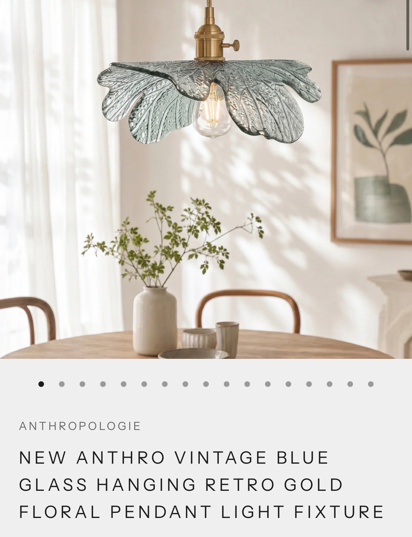 NEW Anthropologie 3-Light Blue Gold & Blue Glass Floral Light Fixture Chandelier