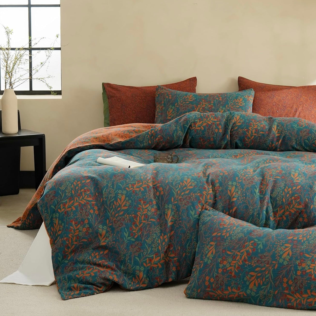 NEW Anthropologie Orange Teal Botanical Cotton Queen King Bedding Duvet Sham Set