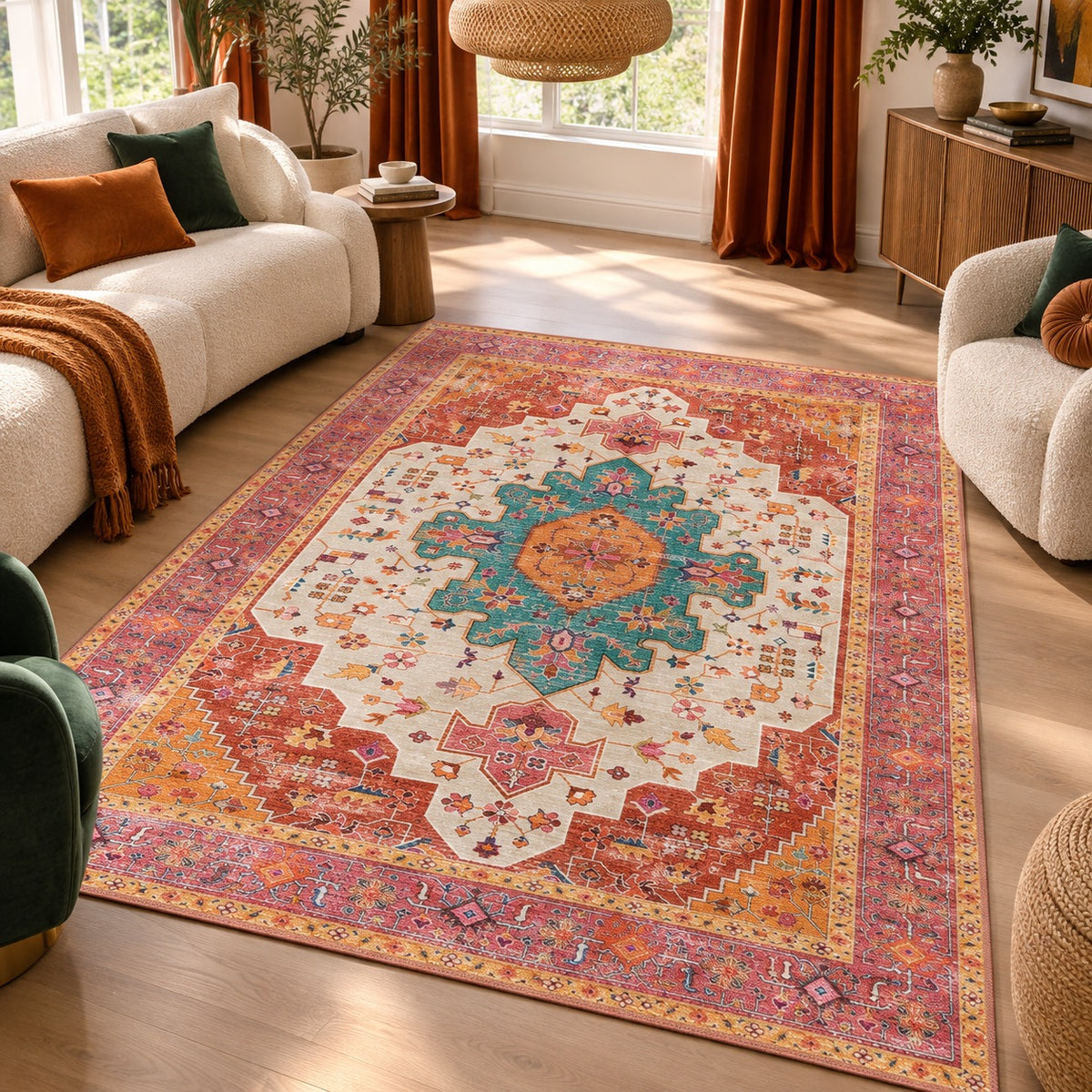 NEW Anthropologie Pink & Teal Moroccan Boho Washable Area Rug Carpet - 5' x 7'