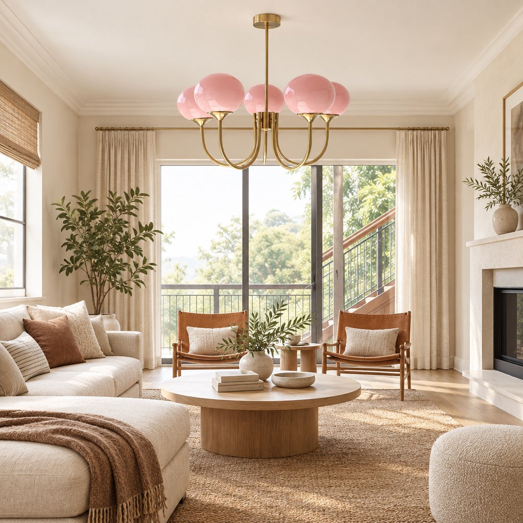 NEW Anthropologie 5-Light Gold Pink Chandelier Retro Boho Light Ceiling Fixture