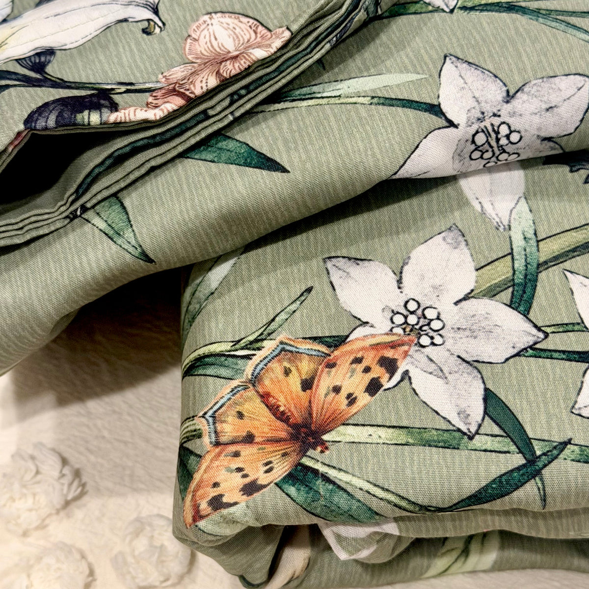 NEW Anthropologie Vintage Green Floral Bird Queen King Duvet Bedding & Sham Set