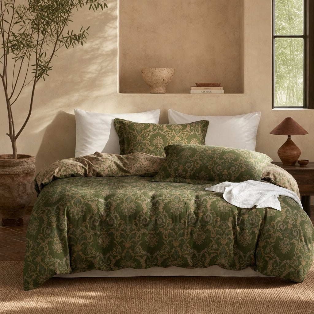 NEW Anthropologie Green Cotton Reversible Queen / King Bedding Duvet & Sham Set