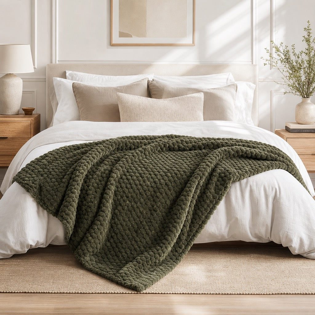 NEW West Elm Boho Dark Green Sherpa Ultra Soft Throw Blanket Bedding - 60" x 50"