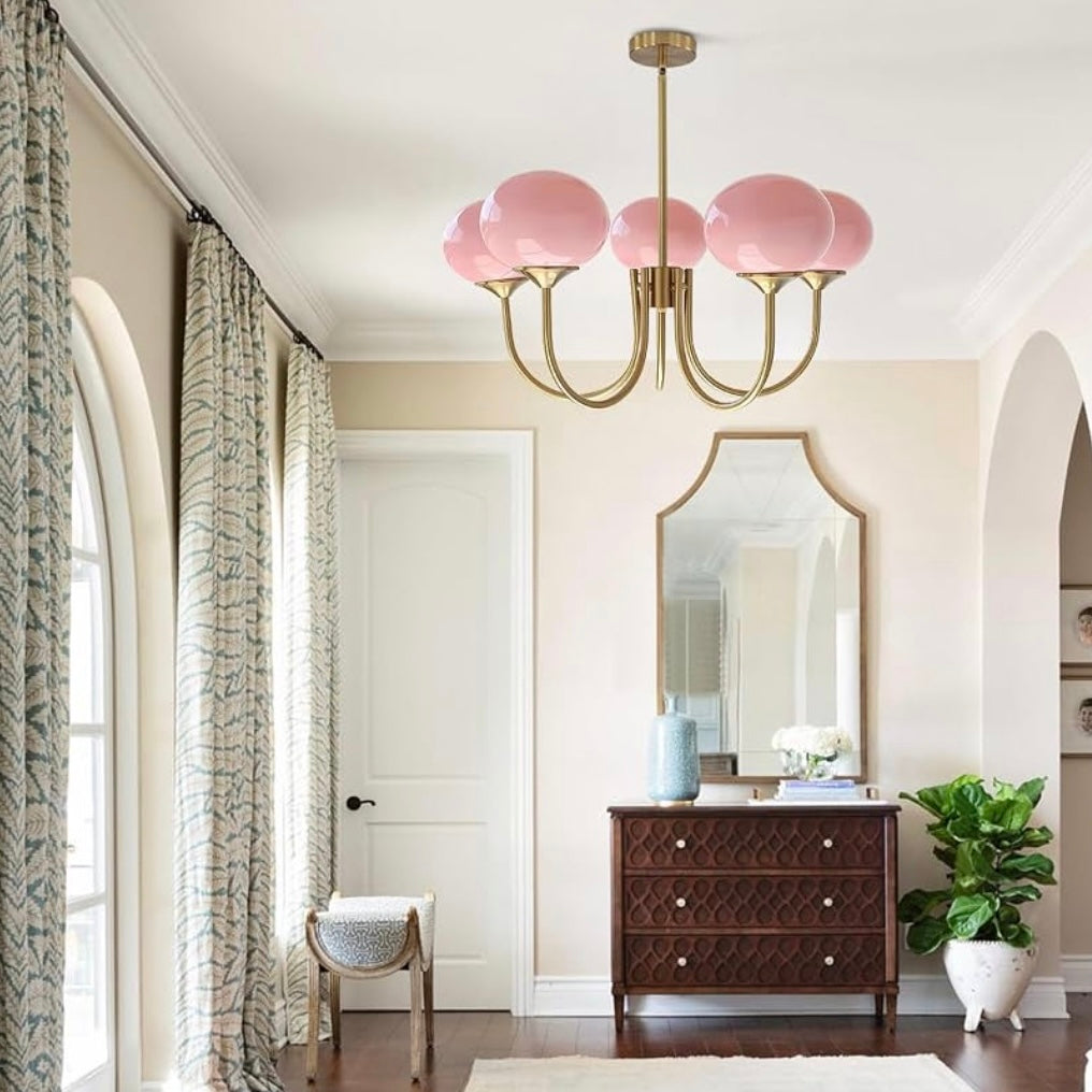 NEW Anthropologie 5-Light Gold Pink Chandelier Retro Boho Light Ceiling Fixture