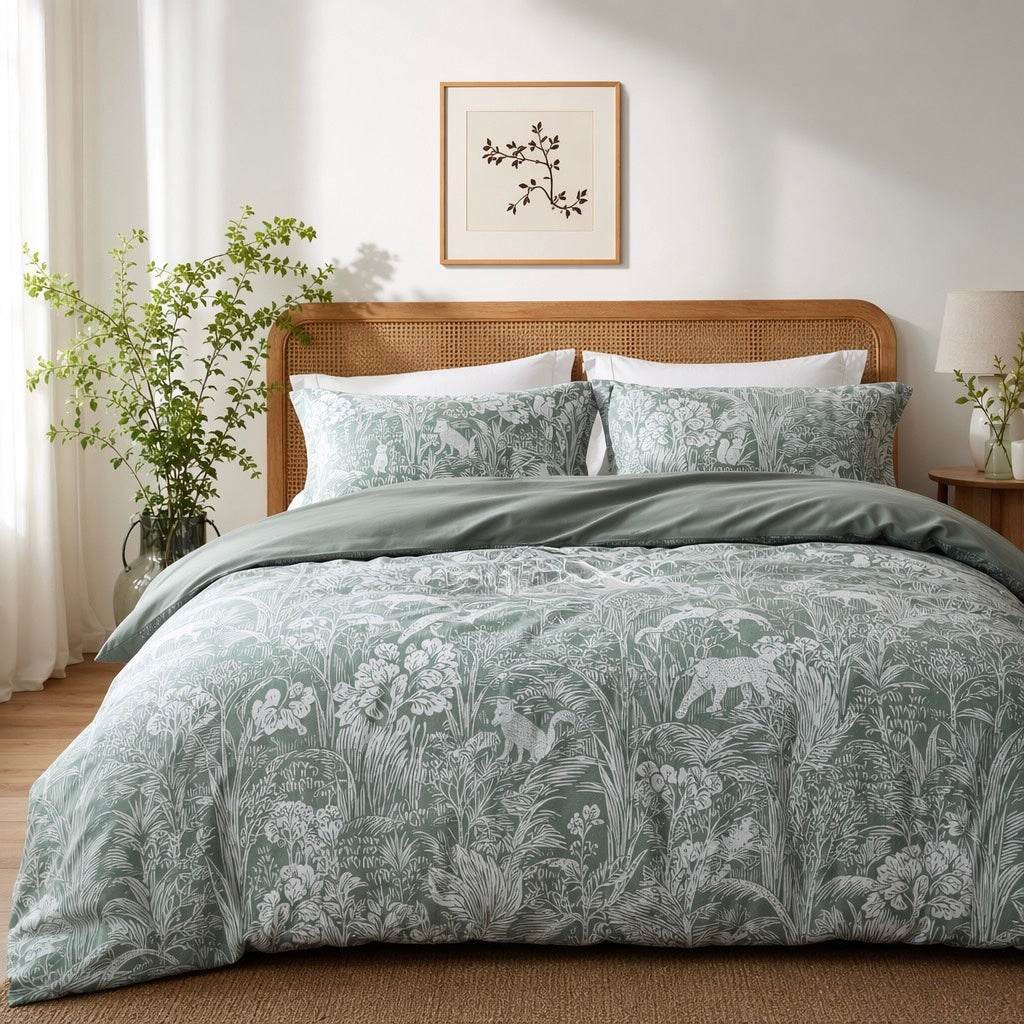 NEW Anthropologie Green Botanical Queen / King Cotton Bedding Duvet & Sham Set