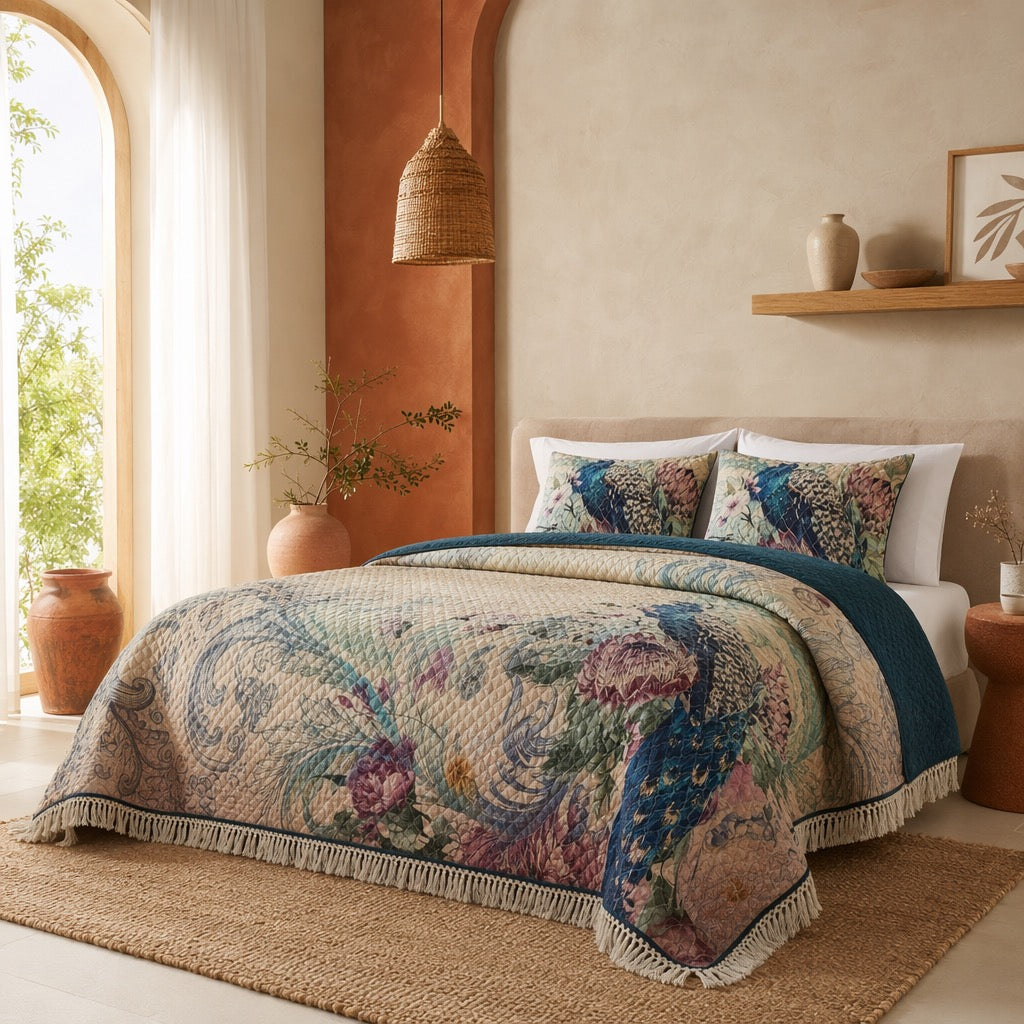NEW Anthropologie Peacock Tassel Fringe Boho Quilt Bedspread Bedding & Sham Set