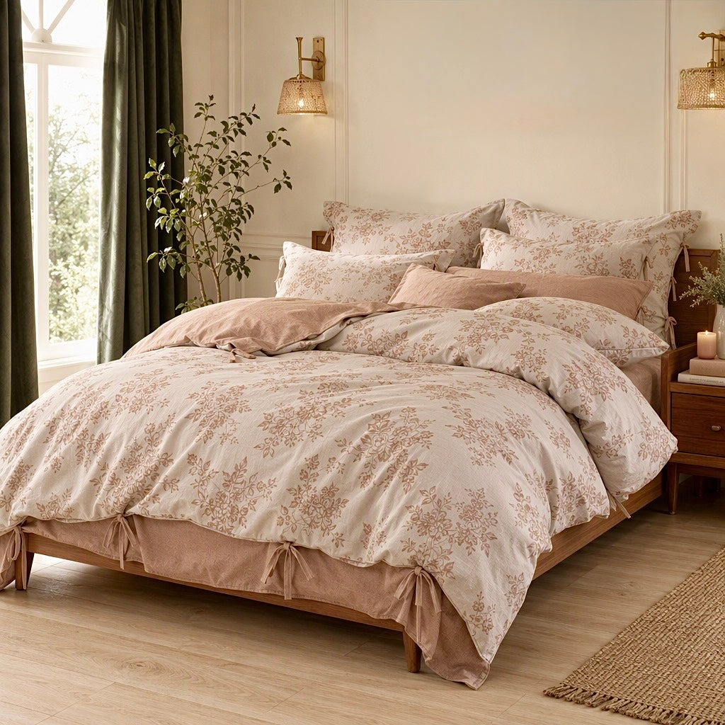 NEW Anthropologie Pink Floral Jacquard Linen Cotton Bedding Duvet & Sham Set