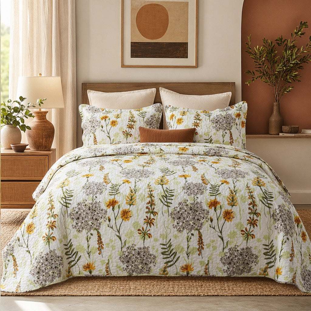 NEW Anthro White Yellow Floral King Boho Quilt Bedding Bedspread Duvet Sham Set
