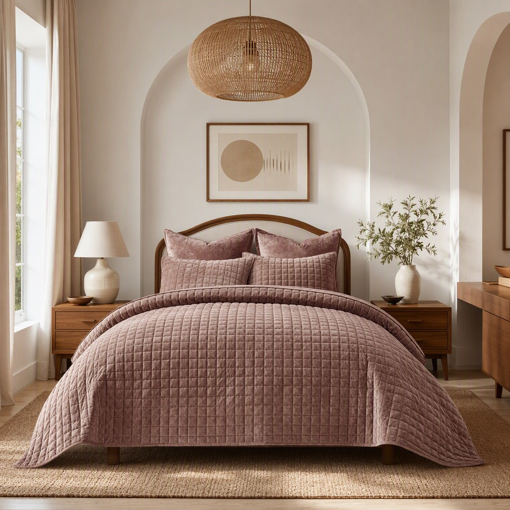 NEW West Elm Terracotta Velvet King / Queen Ultra Soft Bedding Quilt & Sham Set