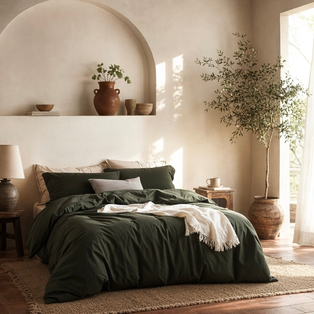 NEW West Elm Dark Green 100% Cotton Boho Queen Size Bedding Duvet Sham Case Set