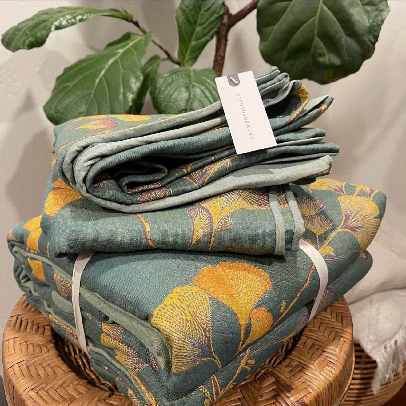 NEW Anthropologie Teal Orange Reversible Queen / King Bedspread Blanket Sham Set
