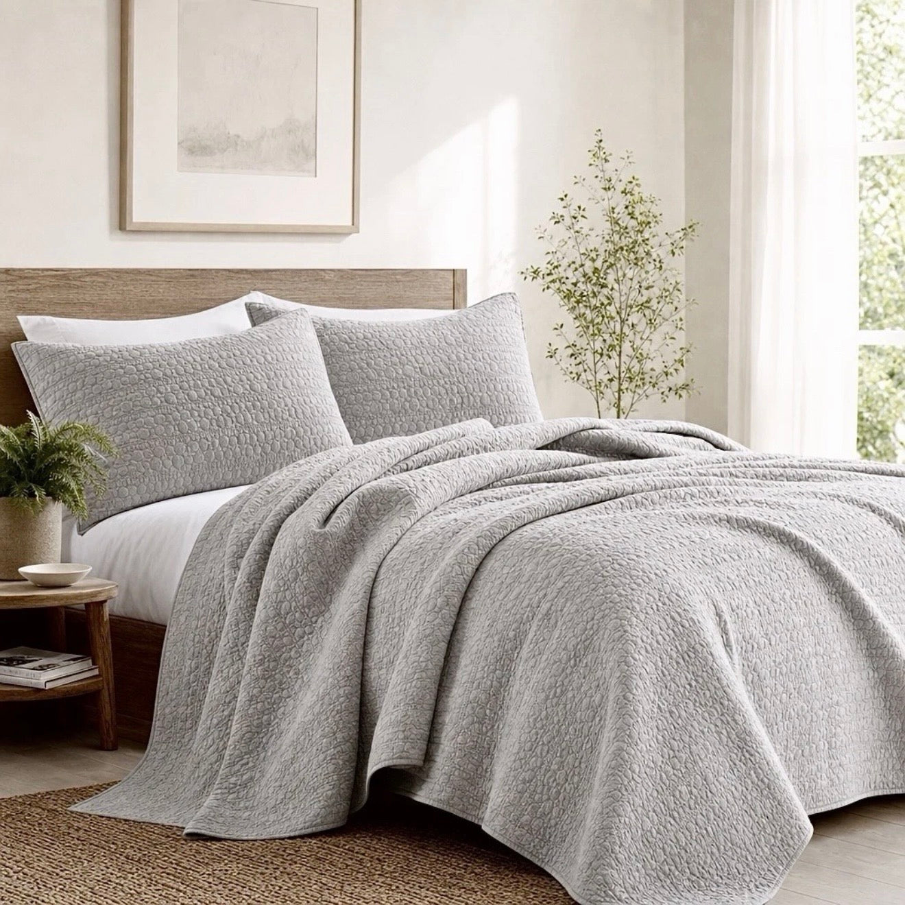 NEW West Elm Beige Stone Print Ultra Soft Queen King Bedding Bedspread Sham Set