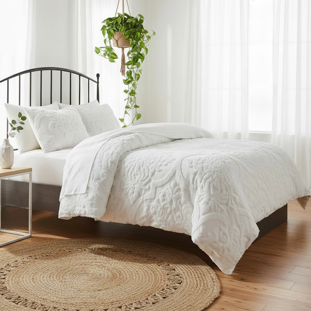 NEW Anthropologie White King Chenille Damask Duvet Bedspread Bedding & Sham Set
