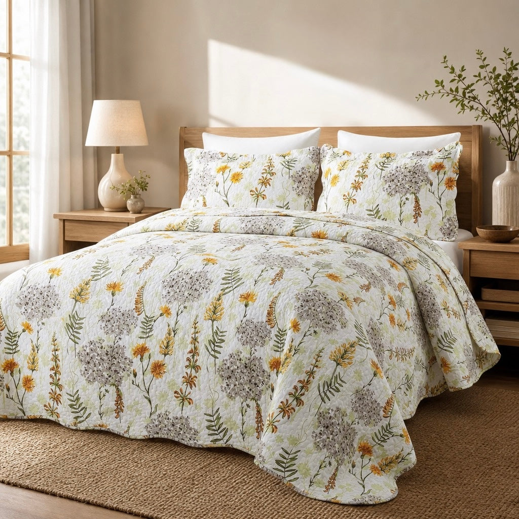 NEW Anthropologie White Floral Queen Size Boho Quilt Bedding Bedspread Sham Set