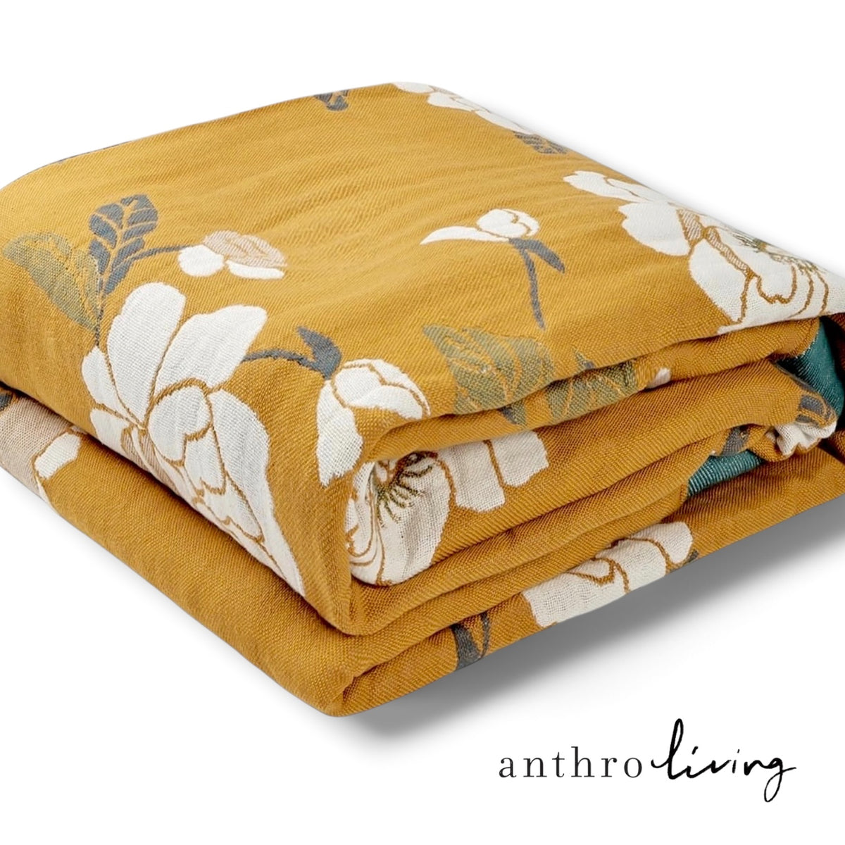 NEW Anthropologie Boho Orange & Teal Floral Throw Blanket Bedspread - 60" x 80"