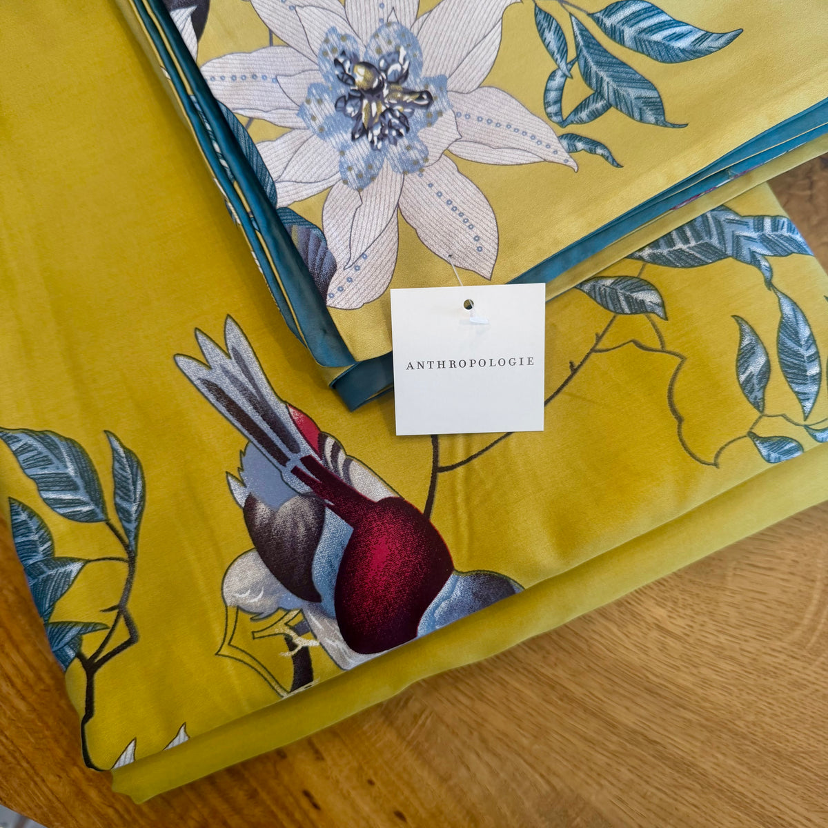 NEW Anthropologie Yellow Boho King / Queen Floral Bird Bedding Duvet & Sham Set