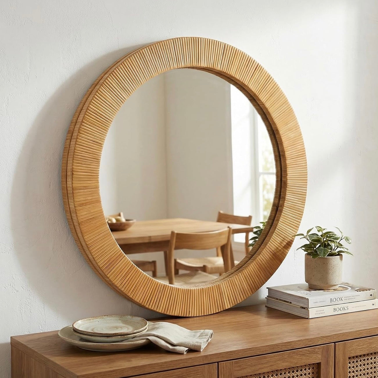 NEW West Elm Large Round Mirror Wicker Wood Boho Wall Hanging Decor - 24” Diam