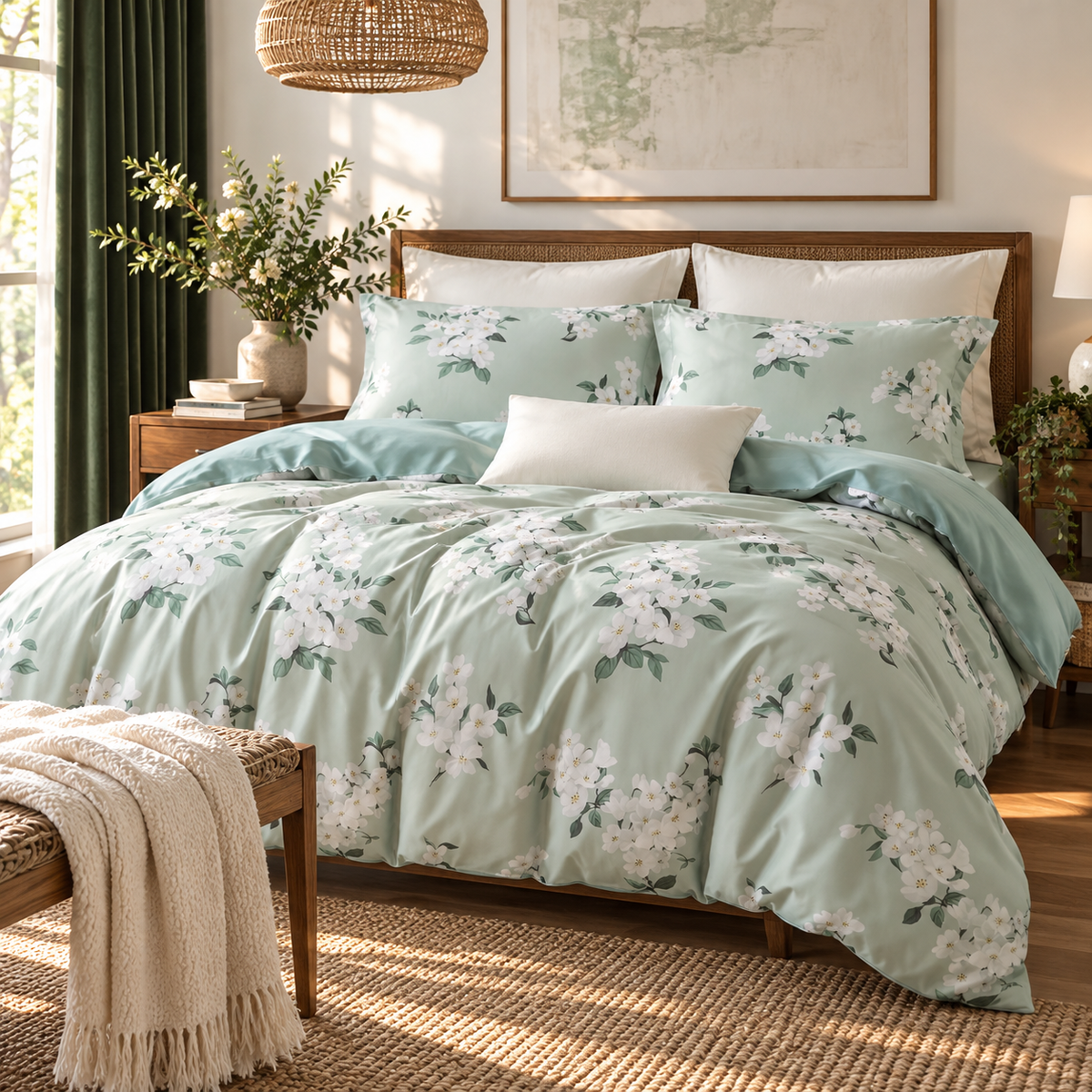 NEW West Elm Sage Green Floral Print Cotton Multi-Size Bedding Duvet & Sham Set