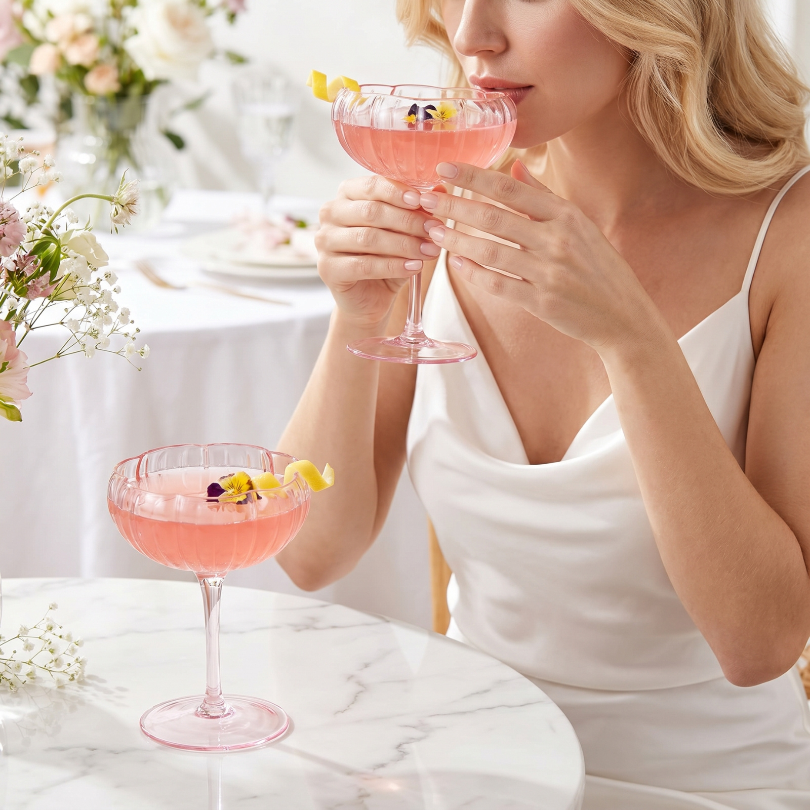Flower Coupe Cocktail Colored Glasses | Set of 2 | Blush Pink