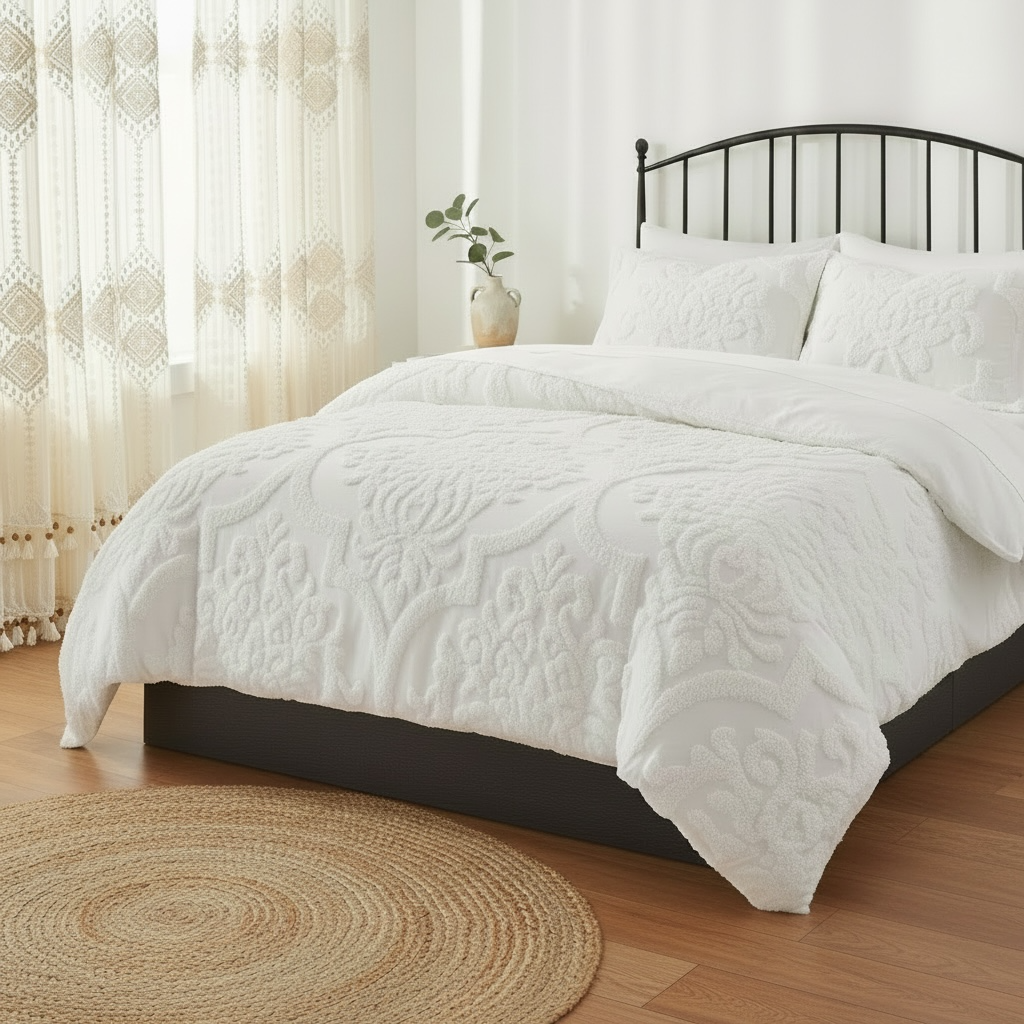 NEW Anthropologie White King Chenille Damask Duvet Bedspread Bedding & Sham Set