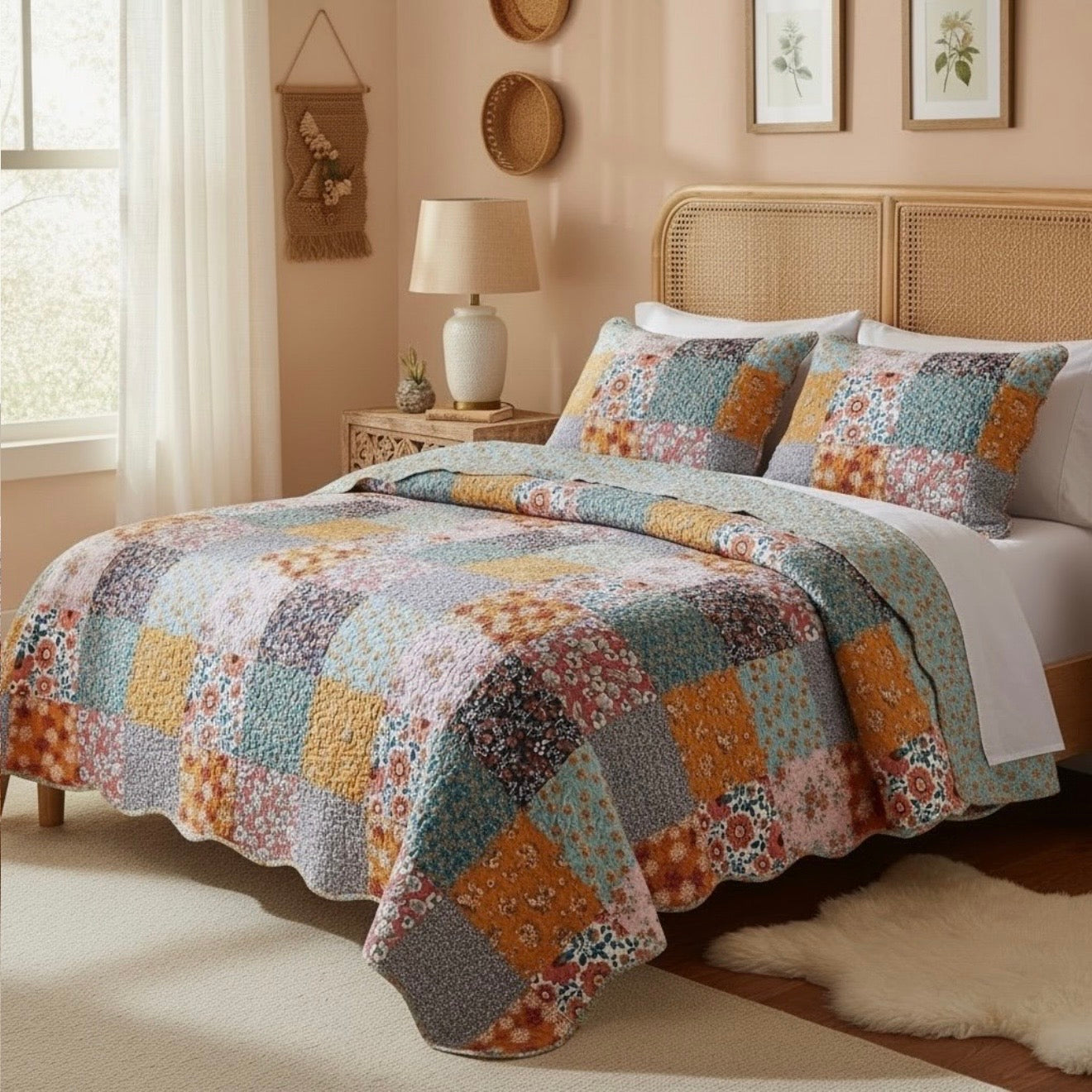 NEW Anthropologie Patchwork Floral Reversible Queen King Bedding Quilt Sham Set