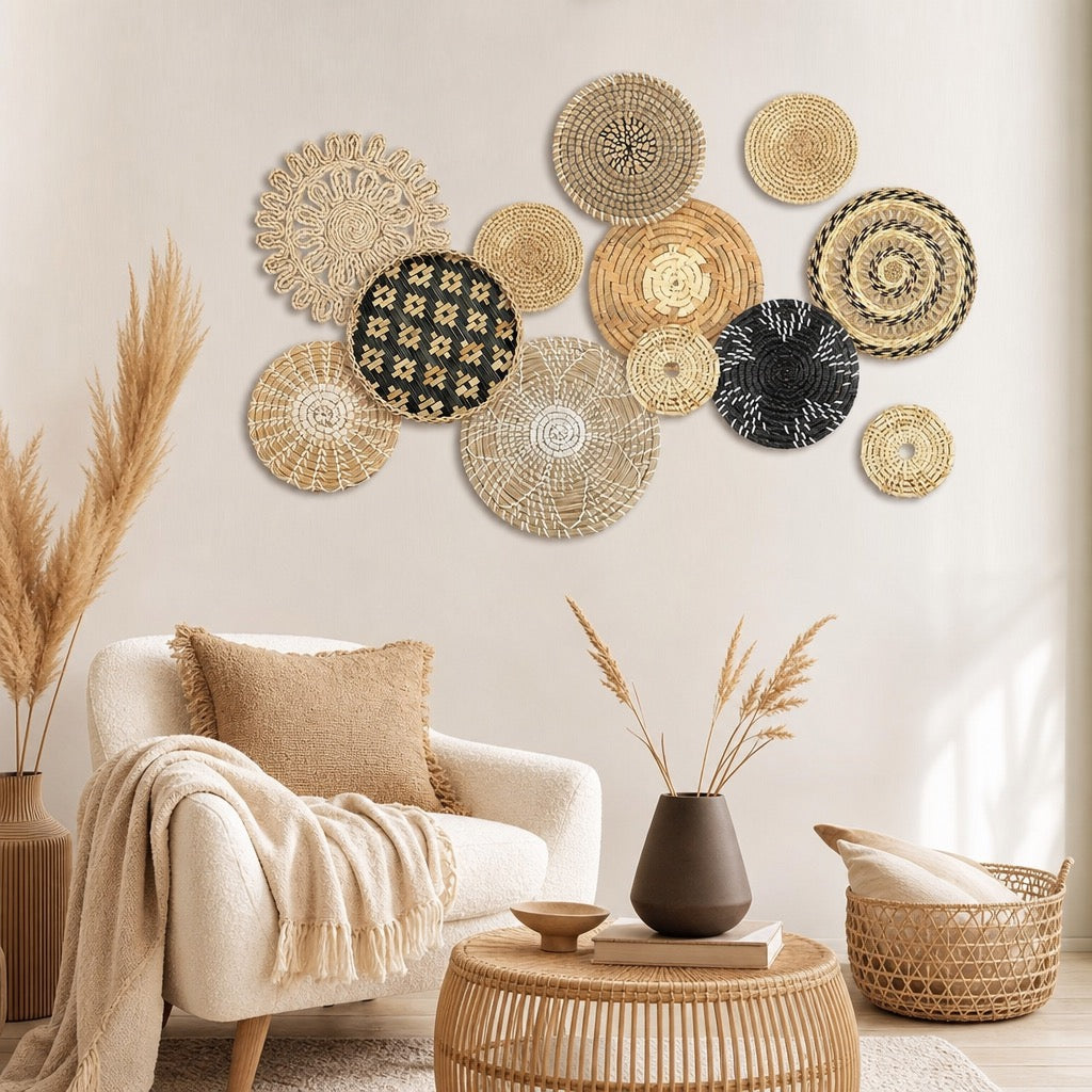 NEW West Elm XL Woven Wicker Rattan Seagrass Boho Wall Hanging Baskets Set / 13