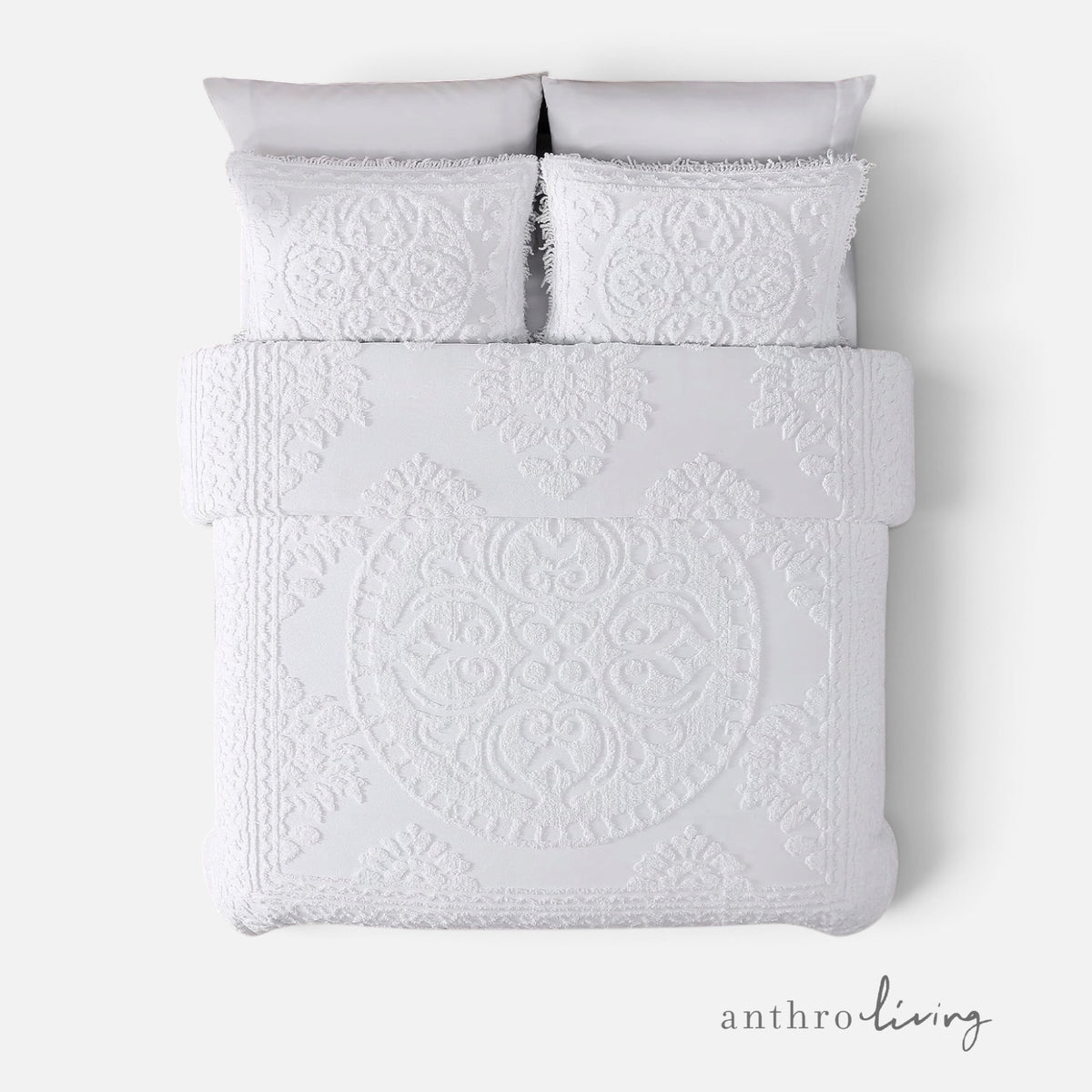 NEW Anthropologie White Chenille Damask Fringe Cotton Bedspread Blanket Sham Set
