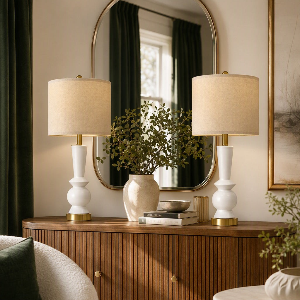 NEW Anthropologie Set of 2 White & Gold Ceramic Boho Table Lamps Lighting - 27"