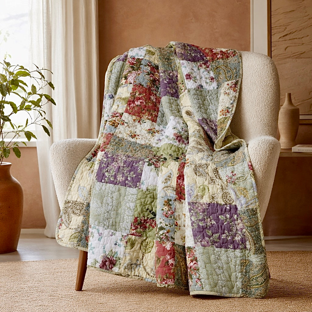 NEW Anthropologie Boho Multicolor Floral Throw Blanket Patchwork Quilt 50" x 60"
