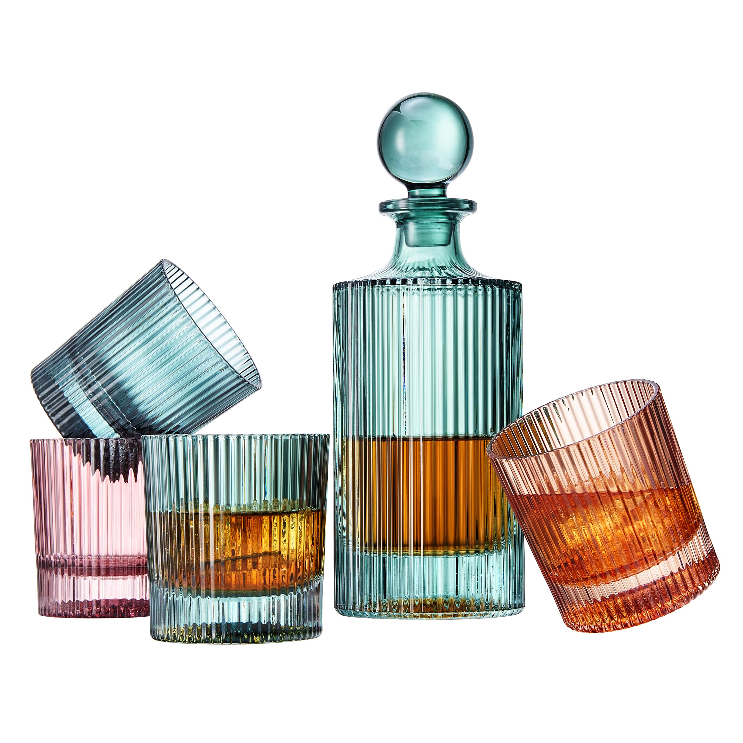 Khen Ribbed Decanter Set with 4 Glasses – Whiskey Bourbon Scotch