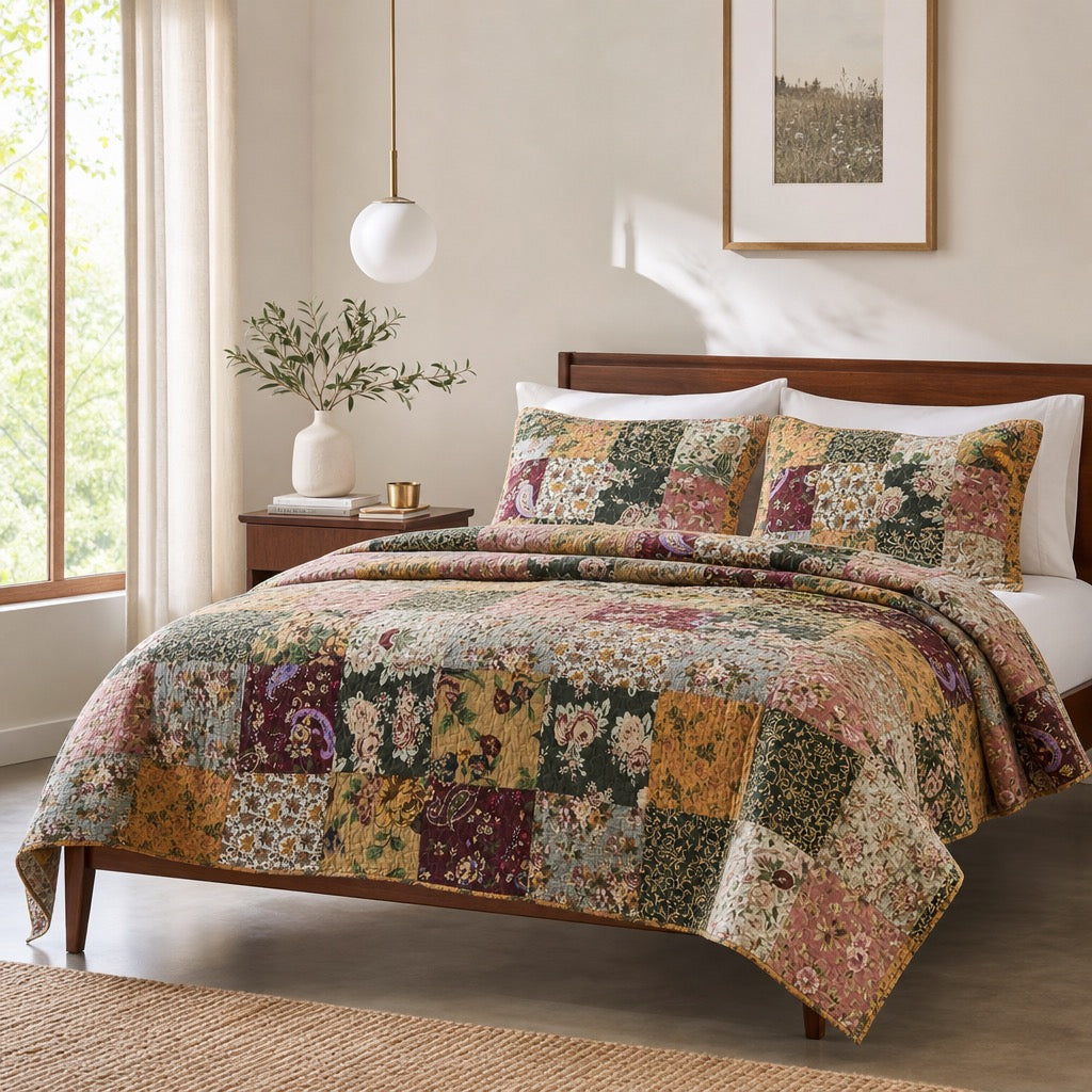 NEW Anthropologie Cotton Reversible Patchwork Queen King Bedding Quilt Sham Set